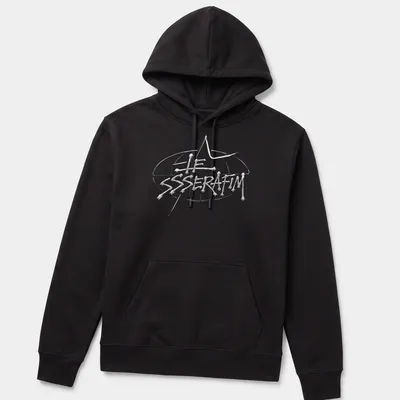 Modern sleek Le Sserafim logo T-shirt in white on a transparent background — printed on a unisex hoodie