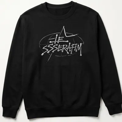Modern sleek Le Sserafim logo T-shirt in white on a transparent background — printed on a unisex sweatshirt