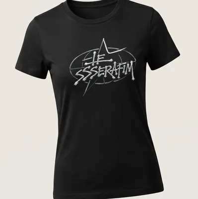 Modern sleek Le Sserafim logo T-shirt in white on a transparent background — printed on a women's shirt