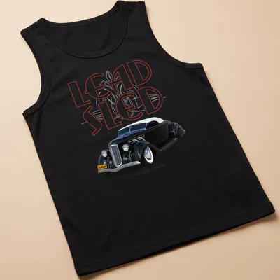 Vintage print featuring a 1936 hot rod with text LEAD SLED ELEGANT CUSTOMS — printed on a tank top