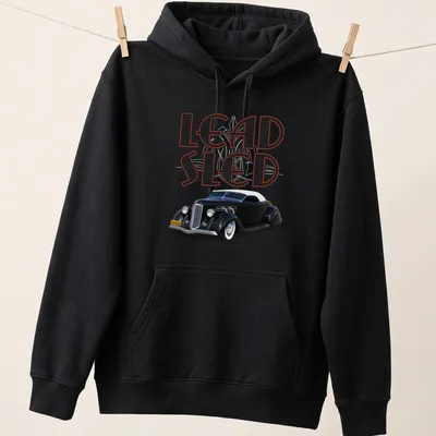 Vintage print featuring a 1936 hot rod with text LEAD SLED ELEGANT CUSTOMS — printed on a unisex hoodie