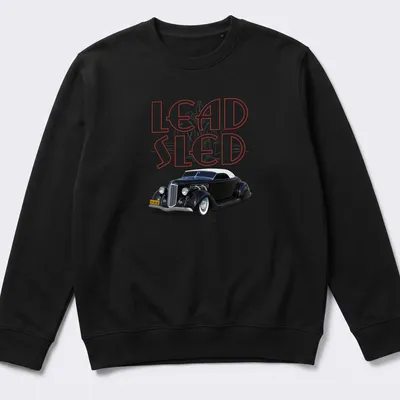 Vintage print featuring a 1936 hot rod with text LEAD SLED ELEGANT CUSTOMS — printed on a unisex sweatshirt