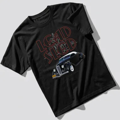 Vintage print featuring a 1936 hot rod with text LEAD SLED ELEGANT CUSTOMS — printed on a unisex t-shirt