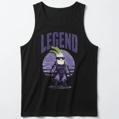 Retro distressed T-shirt featuring a playful celery character and the word 'LEGEND' — printed on a tank top