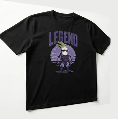 Retro distressed T-shirt featuring a playful celery character and the word 'LEGEND' — printed on a unisex t-shirt (angled view)