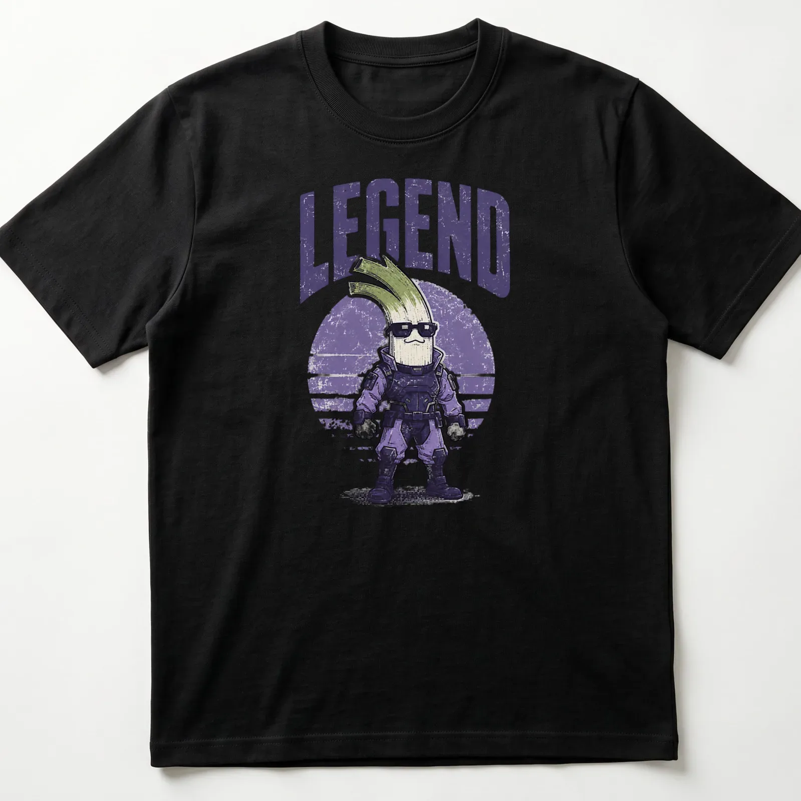Retro distressed T-shirt featuring a playful celery character and the word 'LEGEND' — printed on a unisex t-shirt