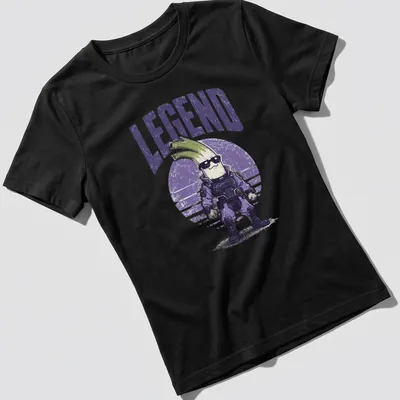 Retro distressed T-shirt featuring a playful celery character and the word 'LEGEND' — printed on a women's shirt