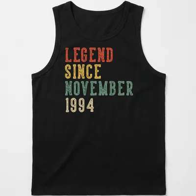 Vintage distressed birthday celebration tee with colorful text proclaiming legendary status — printed on a tank top