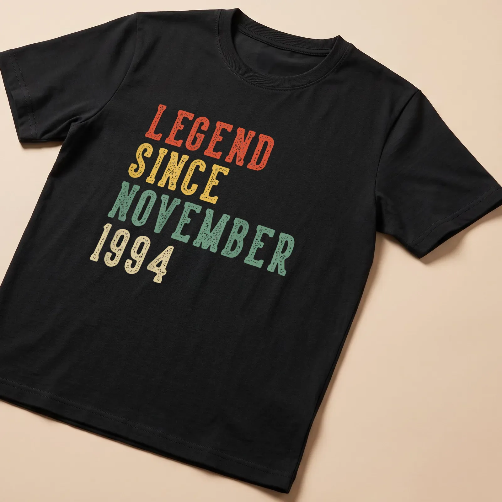 Vintage distressed birthday celebration tee with colorful text proclaiming legendary status — printed on a unisex t-shirt