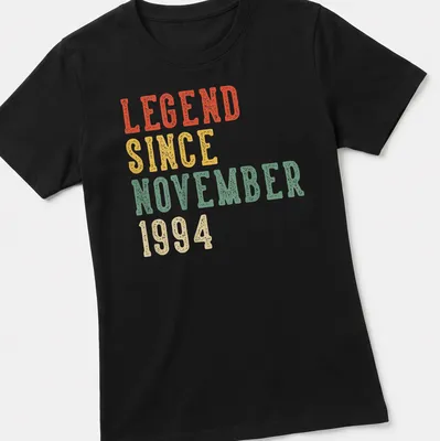 Vintage distressed birthday celebration tee with colorful text proclaiming legendary status — printed on a women's shirt