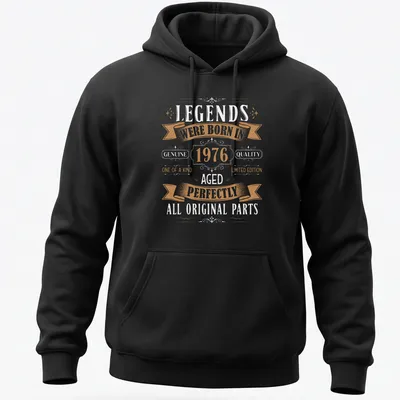 Vintage birthday design with text celebrating 1976 in gold and black — printed on a unisex hoodie