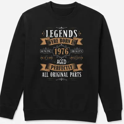 Vintage birthday design with text celebrating 1976 in gold and black — printed on a unisex sweatshirt