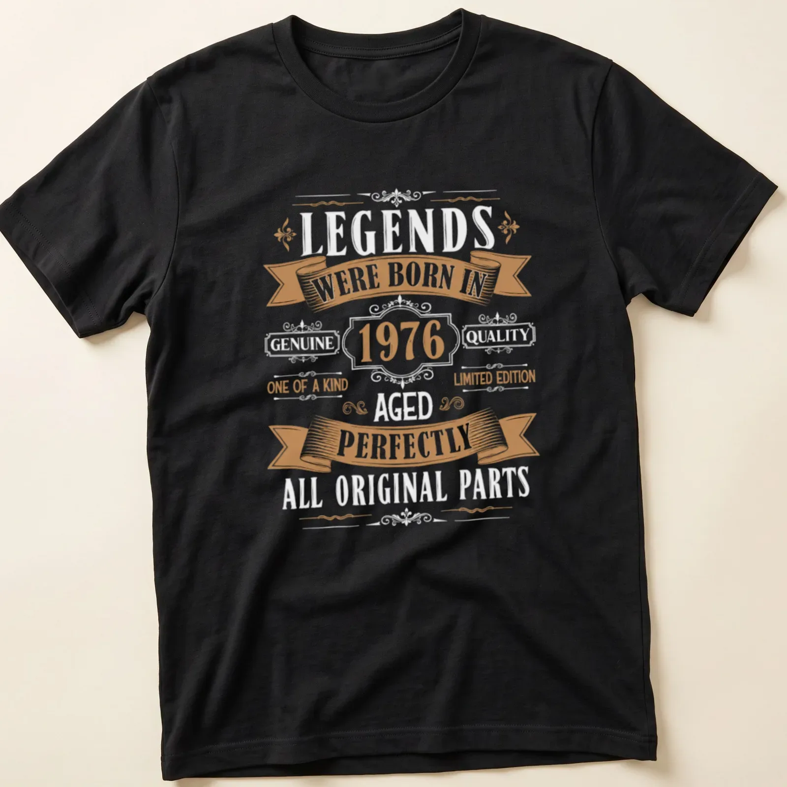 Vintage birthday design with text celebrating 1976 in gold and black — printed on a unisex t-shirt