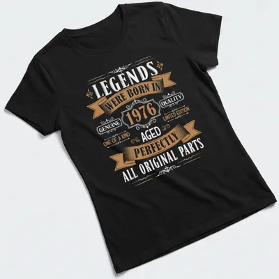 Vintage birthday design with text celebrating 1976 in gold and black — printed on a women's shirt