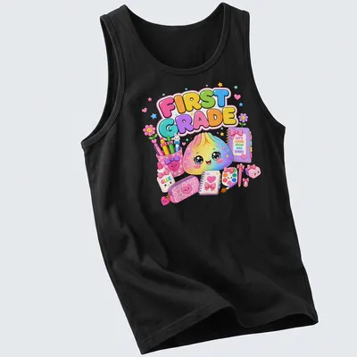 Kawaii style T-shirt featuring a cute dumpling and colorful text about learning. — printed on a tank top