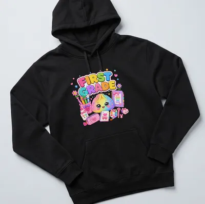 Kawaii style T-shirt featuring a cute dumpling and colorful text about learning. — printed on a unisex hoodie