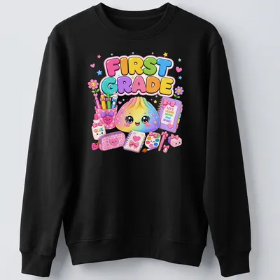 Kawaii style T-shirt featuring a cute dumpling and colorful text about learning. — printed on a unisex sweatshirt