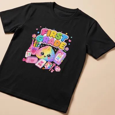 Kawaii style T-shirt featuring a cute dumpling and colorful text about learning.