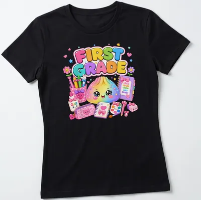Kawaii style T-shirt featuring a cute dumpling and colorful text about learning. — printed on a women's shirt