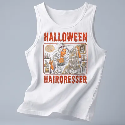 Vintage illustration of a witch hairdresser with Halloween-themed text — printed on a tank top