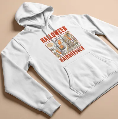 Vintage illustration of a witch hairdresser with Halloween-themed text — printed on a unisex hoodie