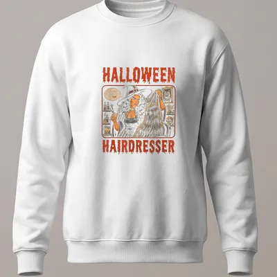 Vintage illustration of a witch hairdresser with Halloween-themed text — printed on a unisex sweatshirt