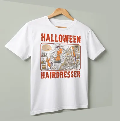 Vintage illustration of a witch hairdresser with Halloween-themed text — printed on a unisex t-shirt (angled view)