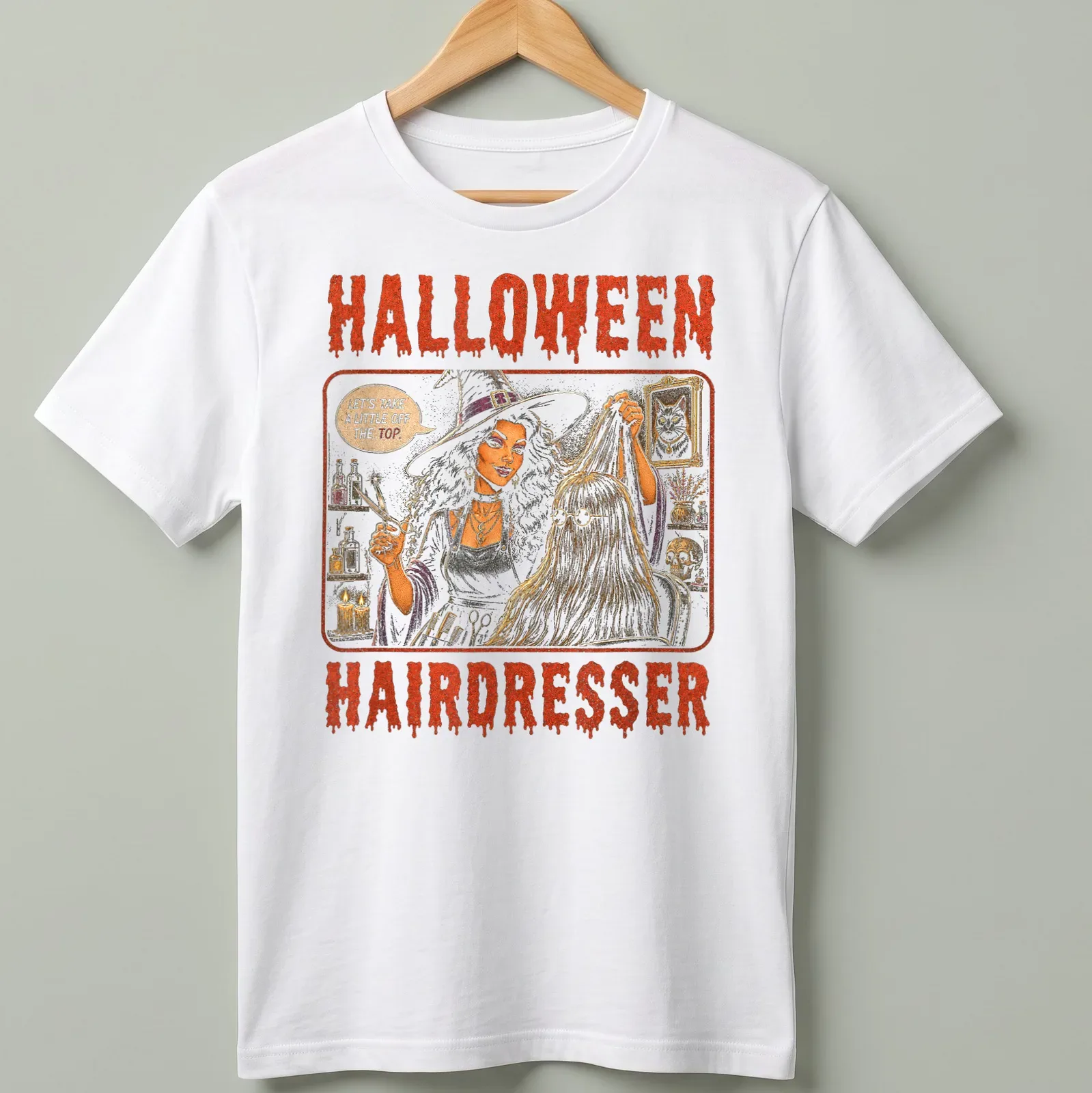 Vintage illustration of a witch hairdresser with Halloween-themed text — printed on a unisex t-shirt