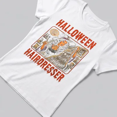 Vintage illustration of a witch hairdresser with Halloween-themed text — printed on a women's shirt