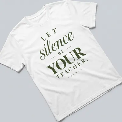 Elegant typography quote shirt featuring Rumi's wisdom about silence