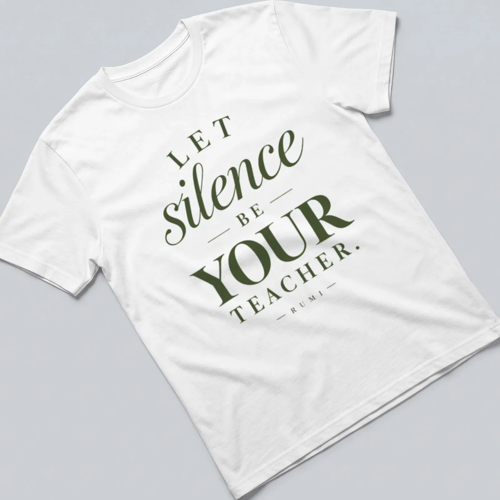 Elegant typography quote shirt featuring Rumi's wisdom about silence — printed on a unisex t-shirt