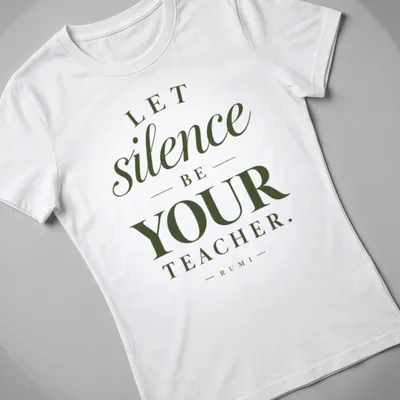 Elegant typography quote shirt featuring Rumi's wisdom about silence — printed on a women's shirt