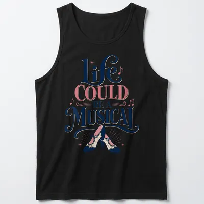 Playful retro design featuring vintage dance shoes and musical quote in pink, navy, cream, and black. — printed on a tank top