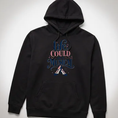 Playful retro design featuring vintage dance shoes and musical quote in pink, navy, cream, and black. — printed on a unisex hoodie
