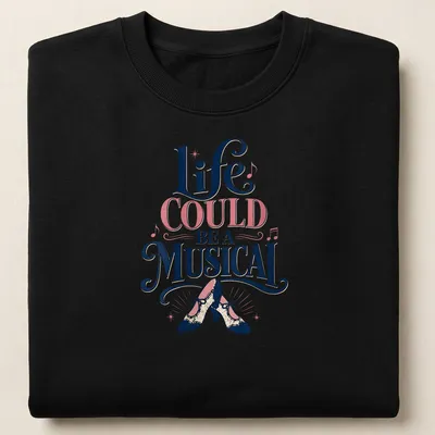 Playful retro design featuring vintage dance shoes and musical quote in pink, navy, cream, and black. — printed on a unisex sweatshirt
