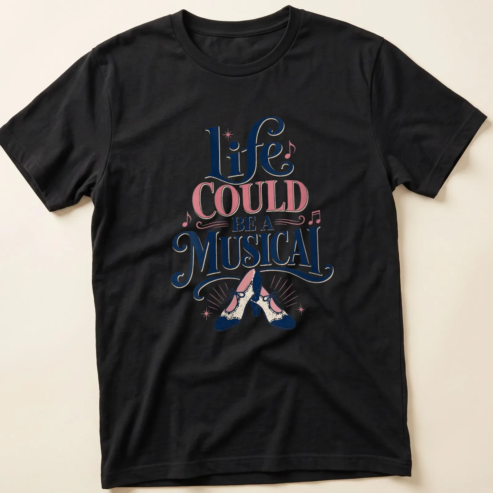 Playful retro design featuring vintage dance shoes and musical quote in pink, navy, cream, and black. — printed on a unisex t-shirt