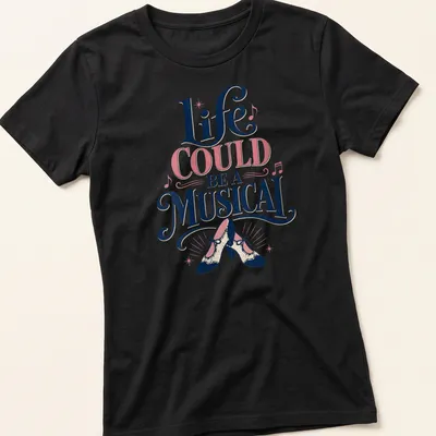 Playful retro design featuring vintage dance shoes and musical quote in pink, navy, cream, and black. — printed on a women's shirt