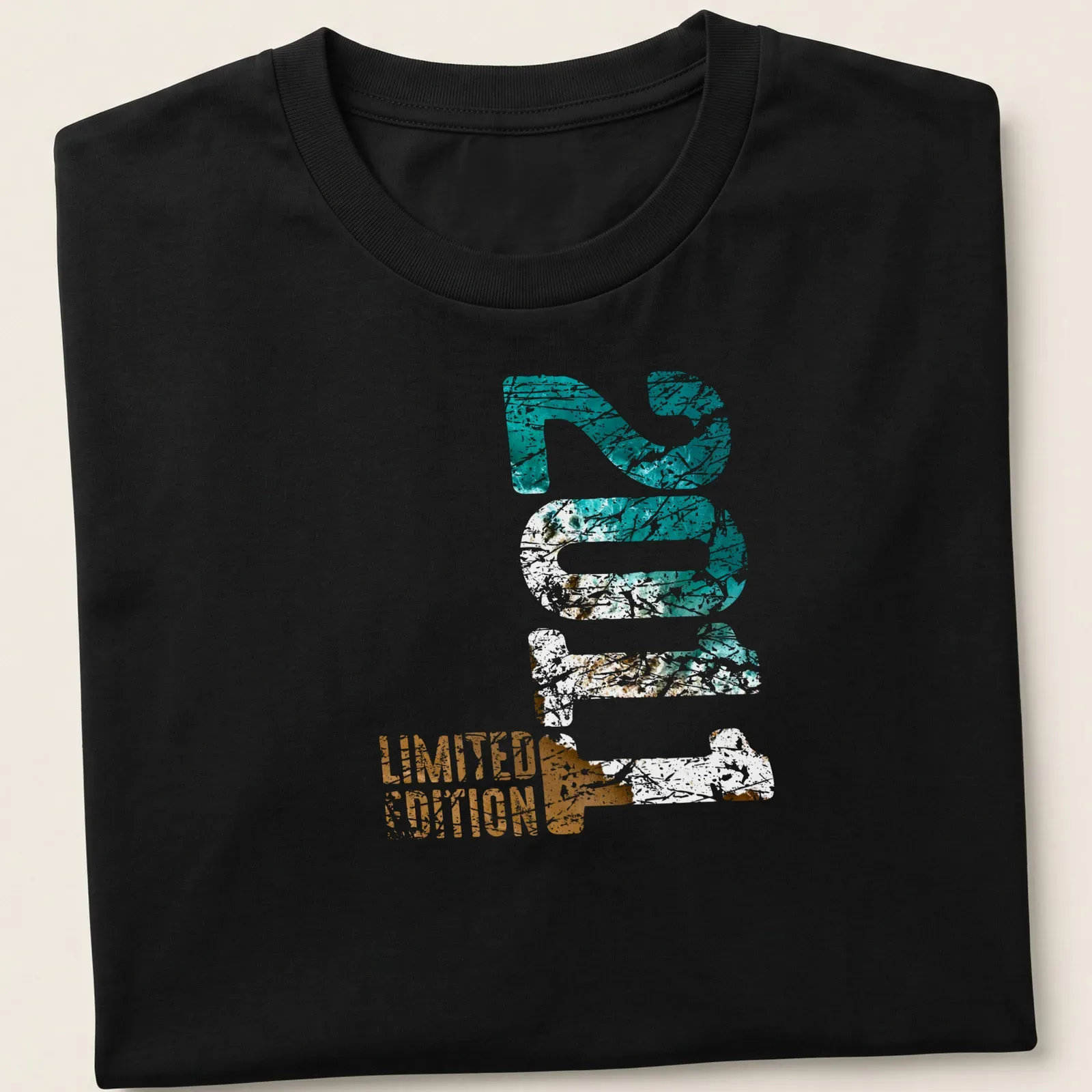 Distressed Limited Edition 15 t-shirt featuring turquoise, brown, and white colors — printed on a unisex t-shirt