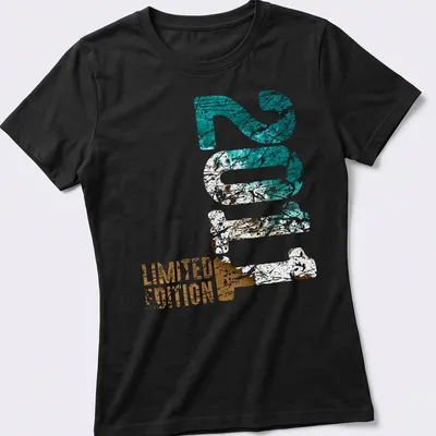 Distressed Limited Edition 15 t-shirt featuring turquoise, brown, and white colors — printed on a women's shirt