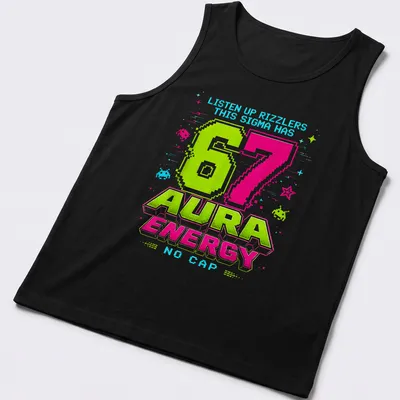 Retro pixel art tee featuring a Sigma character with humorous text — printed on a tank top