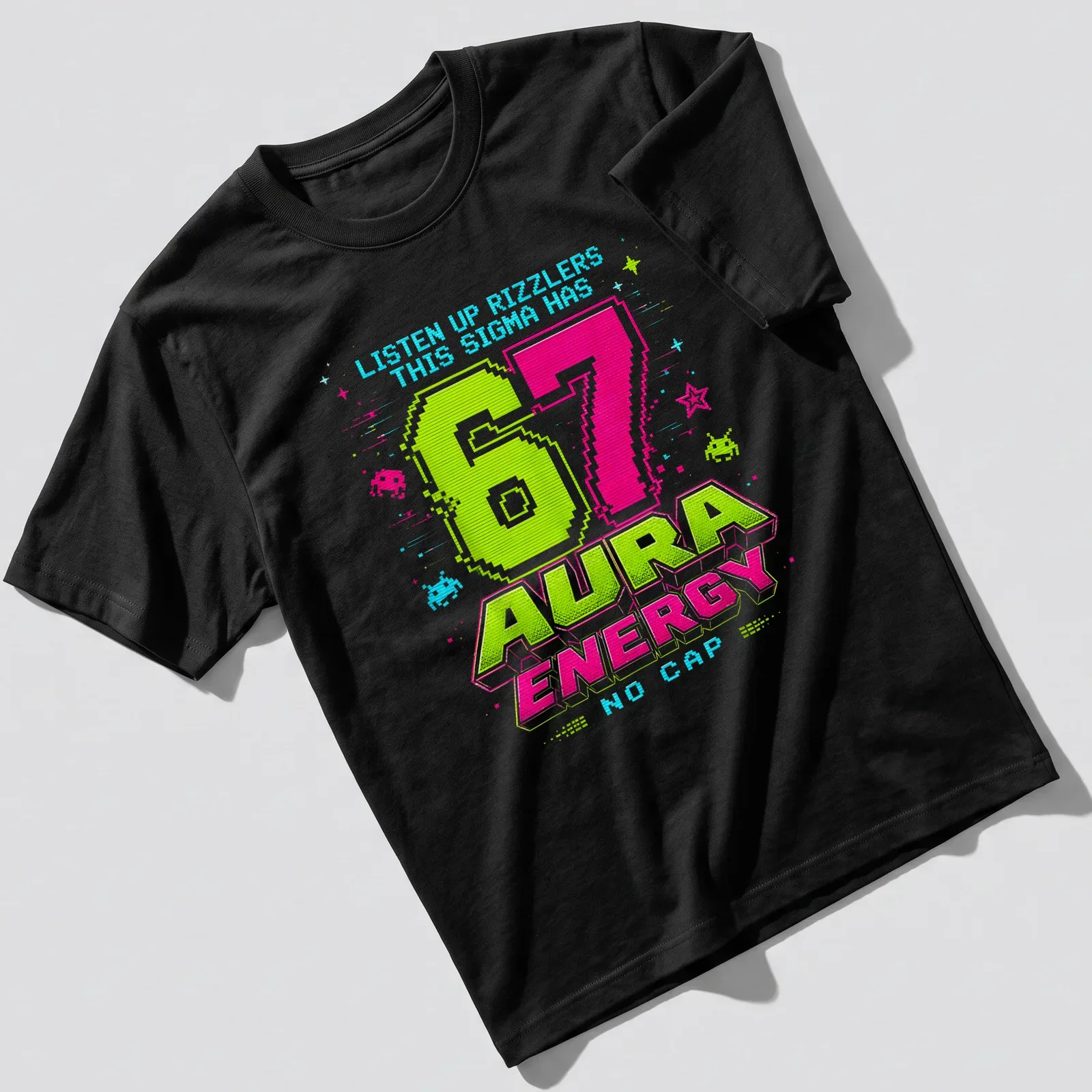 Retro pixel art tee featuring a Sigma character with humorous text — printed on a unisex t-shirt