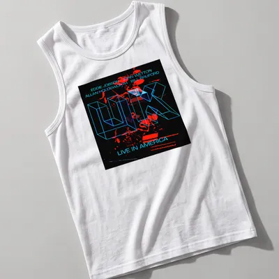 Neon geometric band names and live concert text in bright colors on black — printed on a tank top
