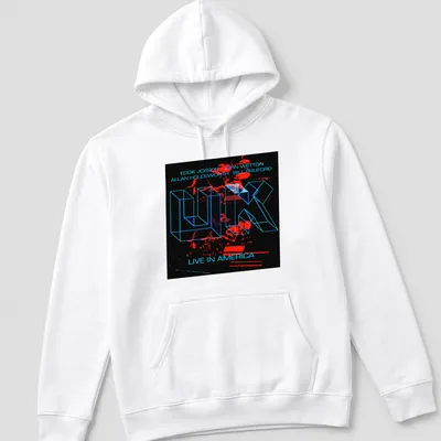 Neon geometric band names and live concert text in bright colors on black — printed on a unisex hoodie