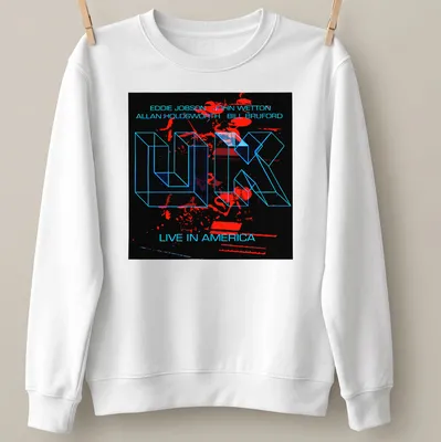 Neon geometric band names and live concert text in bright colors on black — printed on a unisex sweatshirt