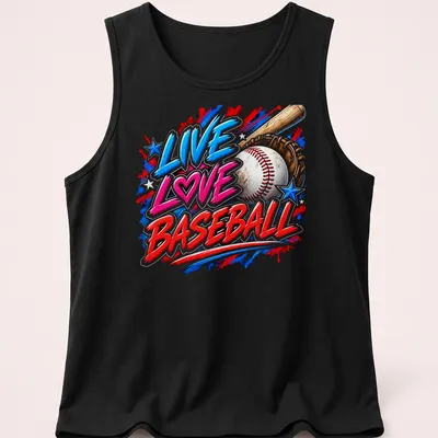Bold typography shirt featuring the text Live Love Baseball in vibrant colors — printed on a tank top