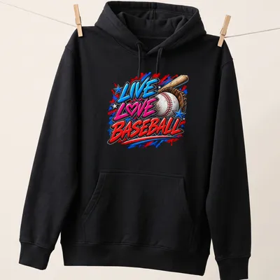 Bold typography shirt featuring the text Live Love Baseball in vibrant colors — printed on a unisex hoodie