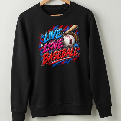 Bold typography shirt featuring the text Live Love Baseball in vibrant colors — printed on a unisex sweatshirt