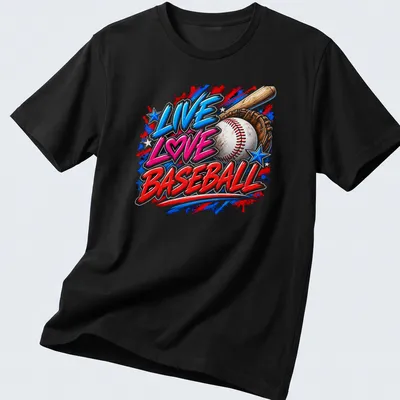 Bold typography shirt featuring the text Live Love Baseball in vibrant colors