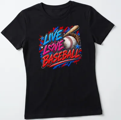 Bold typography shirt featuring the text Live Love Baseball in vibrant colors — printed on a women's shirt