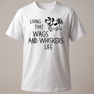 Playful line-art of a cartoon dog with the phrase 'Living That Wags And Whiskers Life' below